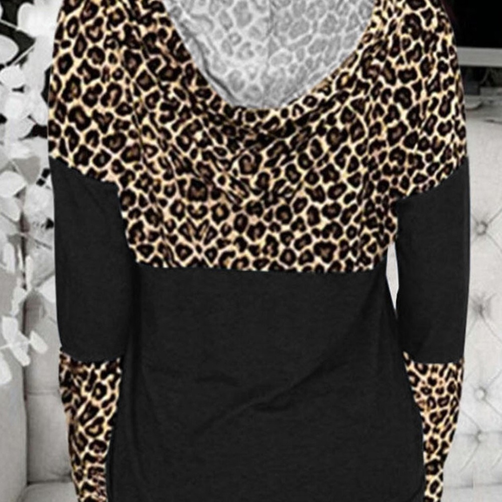 Leopard splicing colorblock drawstring hoodie - Picture 2 of 3